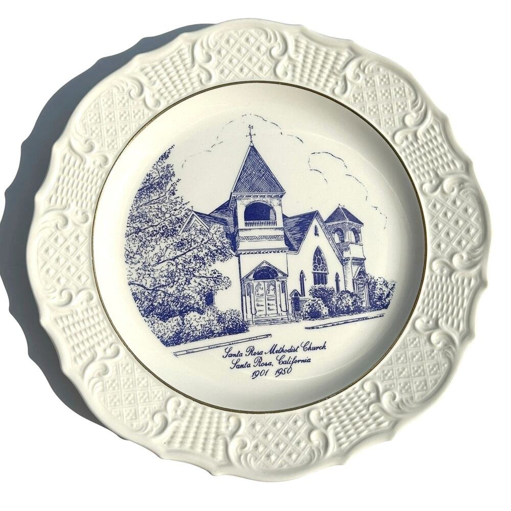 Santa Rosa Methodist Church Plate White Blue Transferware Gold Rim Edwards China